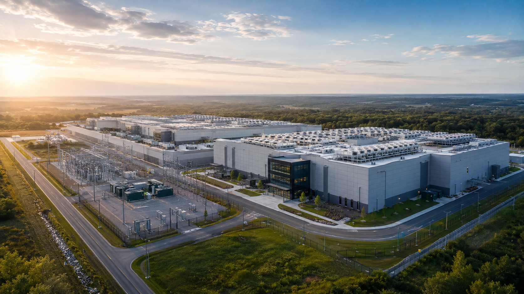 Large data center campus representing concerns about water use, electric demand, infrastructure strain, and responsible growth in Seguin.
