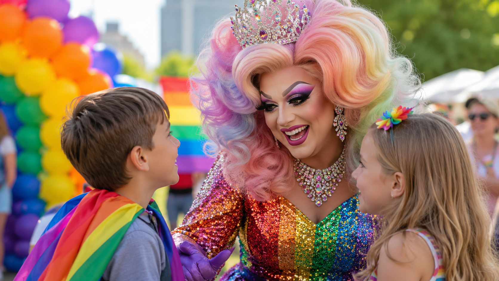 Drag queen performer near children at a PrideFest-style event raising concerns about child safety, performer vetting, and public facility standards in Seguin.