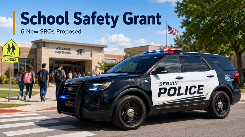 Seguin Police SUV parked outside a school as students enter campus, promoting a proposed school safety grant to fund six new School Resource Officers.