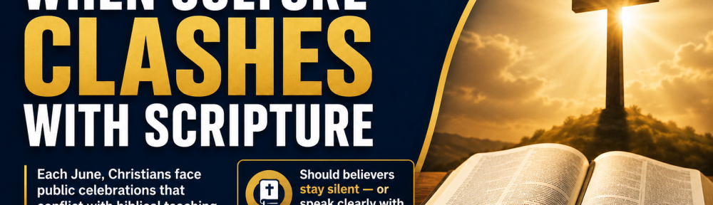 Bible study graphic reading “When Culture Clashes with Scripture” beside an open Bible and sunlit cross.