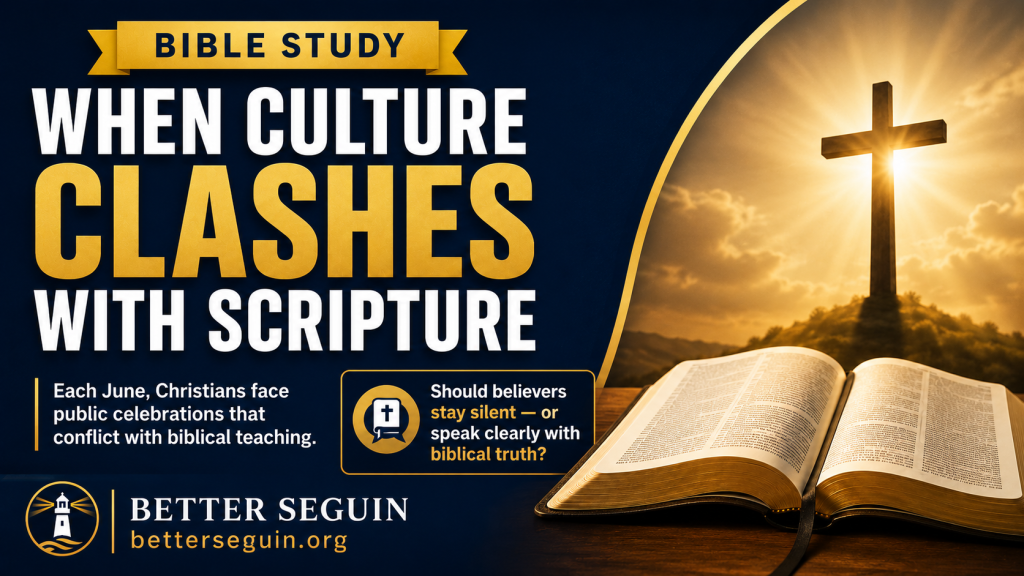 Bible study graphic titled “When Culture Clashes with Scripture,” featuring an open Bible and a cross illuminated by sunlight.