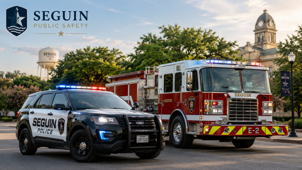 Seguin Public Safety graphic featuring a Seguin police vehicle and fire engine in front of a civic downtown setting in Seguin, Texas.