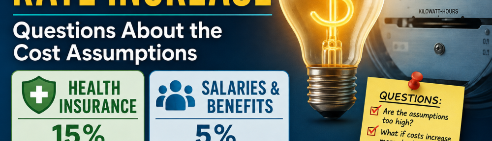 Seguin electric rate increase graphic showing an electric meter, light bulb and projected health insurance and salary cost assumptions.