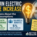 Seguin electric rate increase graphic showing an electric meter, light bulb and projected health insurance and salary cost assumptions.