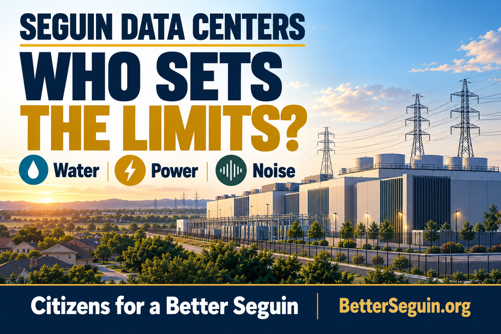 Seguin Data Centers: Who Sets the Limits? highlighting water, power, and noise.